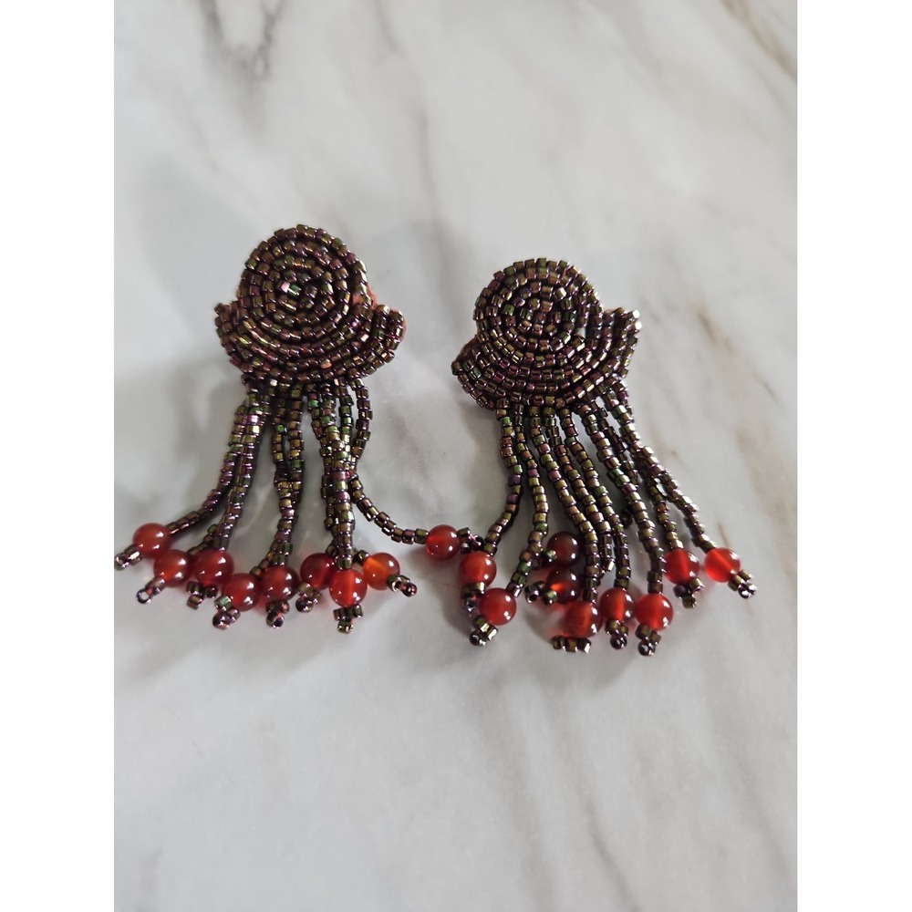 Handmade brown color seed beaded Pierced Dangle fashion earrings Leather Back